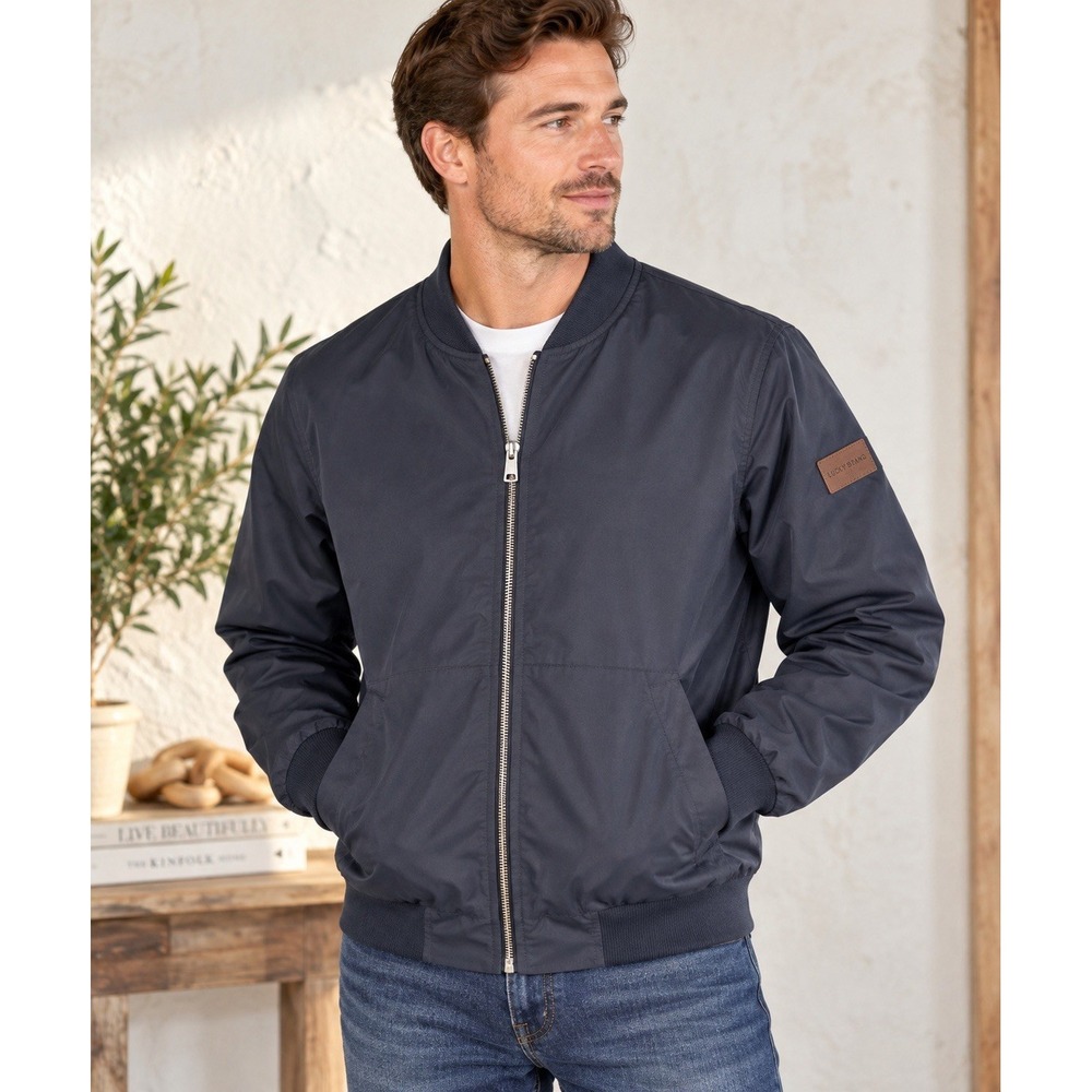 Lucky Brand Mens XL Navy Blue Bomber Jacket Full Zip Lined Lightweight